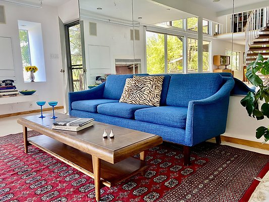 living room, blue sofa